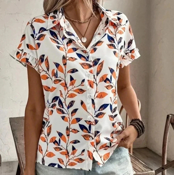 Women's Full Button Allover Print Short Sleeve Shirt For Summer - Picture 2 of 5